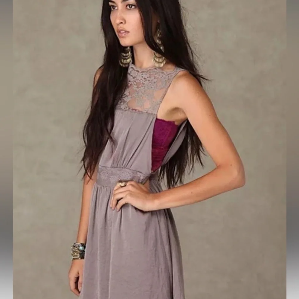 Free People Gray Lace Open Side Mini Dress Boho Sleeveless Festival